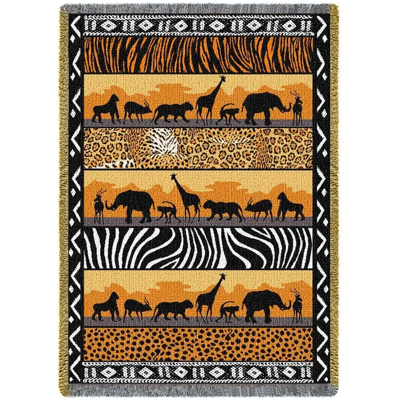African Safari Woven Tapestry Throw Blanket – Cotton Fringed Wildlife Design (70X50 In) 1