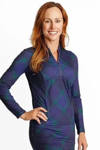 Amy Sport Katelyn Long Sleeve Golf Top In Dark Watch Plaid – $144 1
