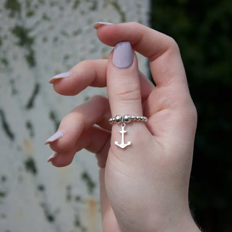 Anchor Charm Silver Ball Bead Ring 1