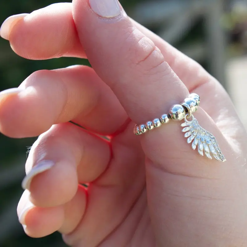 Angel Wing Charm Silver Ball Bead Ring 1