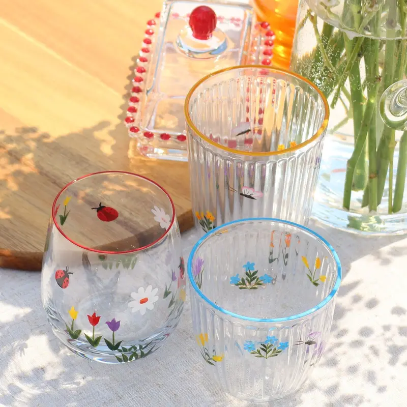 Artisan Hand-Painted Floral Design Drinking Glass 1