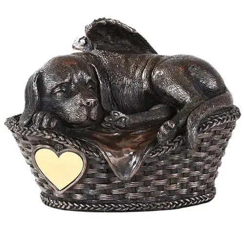 Basket-Style Dog Urn With Angel Wings – Bronze Pet Memorial Container 1