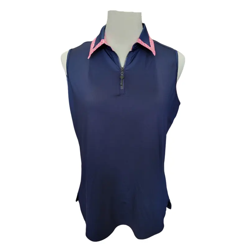 Belyn Key Navy Sleeveless Polo – Pink Gingham Collar, Size M, $112 1