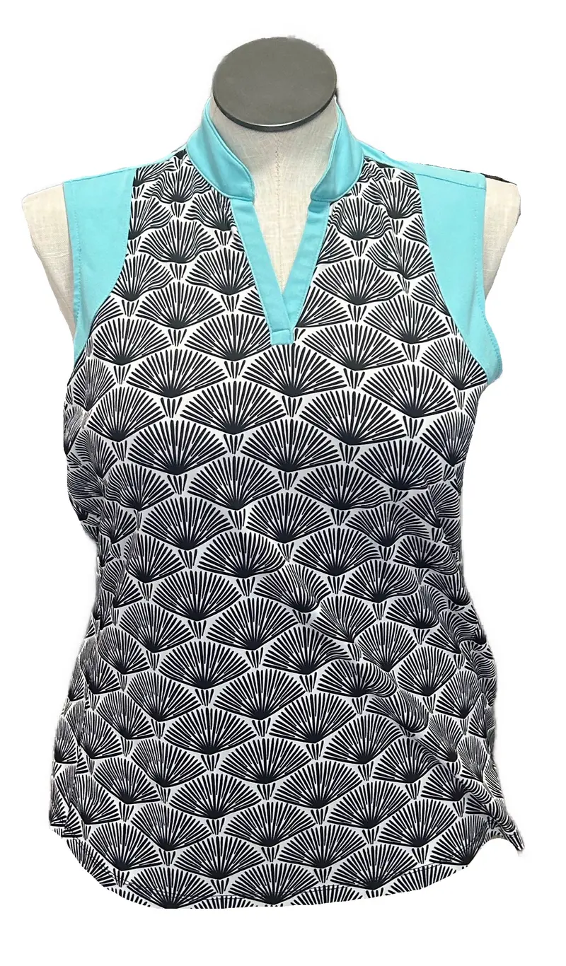 Bermuda Sands Geometric Fan-Print V-Neck Top – Aqua, Size L 1