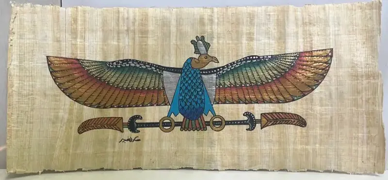 Blue-Body Vulture Wings Papyrus Art: Symbolic Egyptian Motif, 12.5" × 4" 1