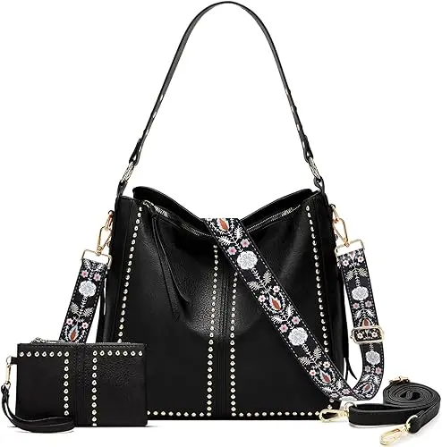 Boho-Inspired Roomy Hobo Tote – Studded Pu Leather Shoulder Bag With Guitar-Style Strap & 2-Piece Wallet Set 1