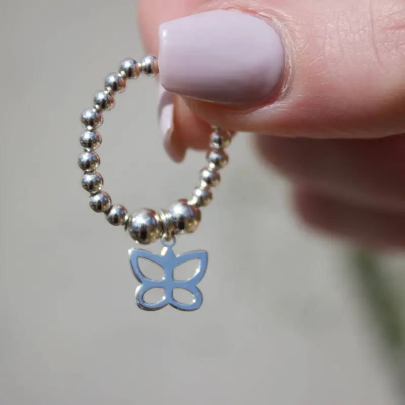 Butterfly Charm Silver Ball Bead Ring 1