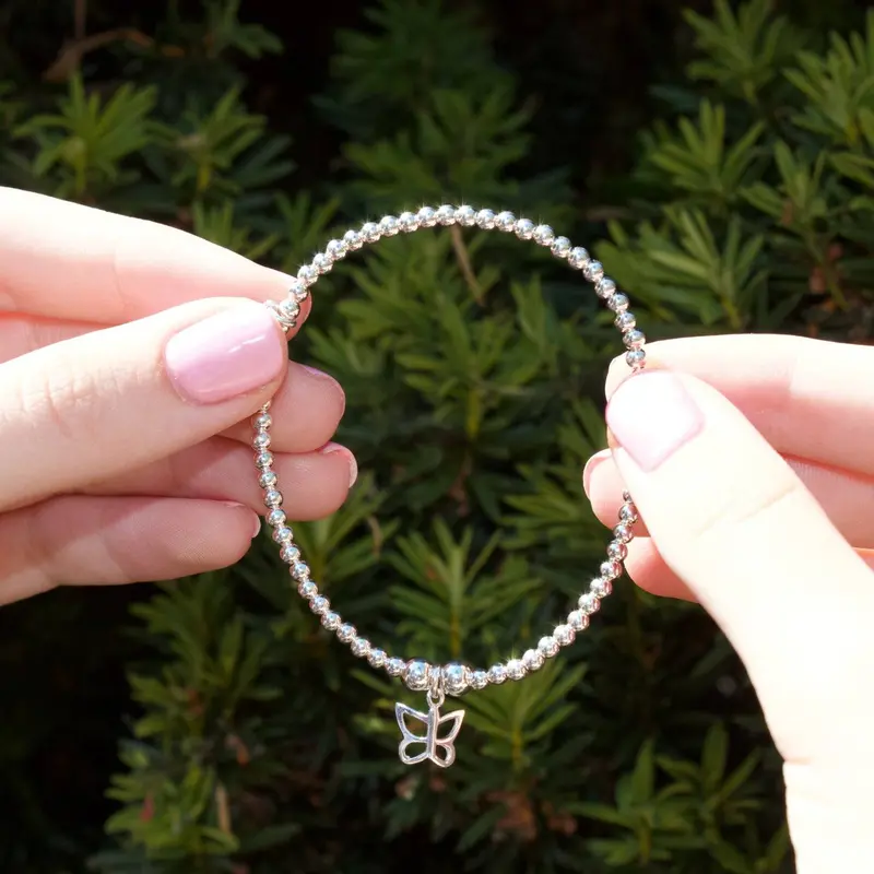 Butterfly Charm Silver Bead Bracelet 1