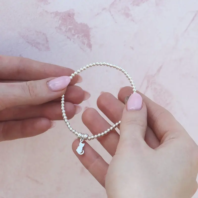 Cat Charm Bracelet – Sterling Silver Ball Bead Style 1