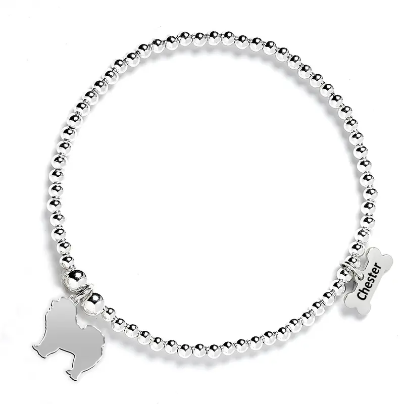 Chow Chow Silhouette Silver Beaded Bracelet – Custom Engraved Option 1