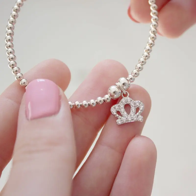 Crystal Crown Accent Beaded Bracelet – Sterling Silver Base 1