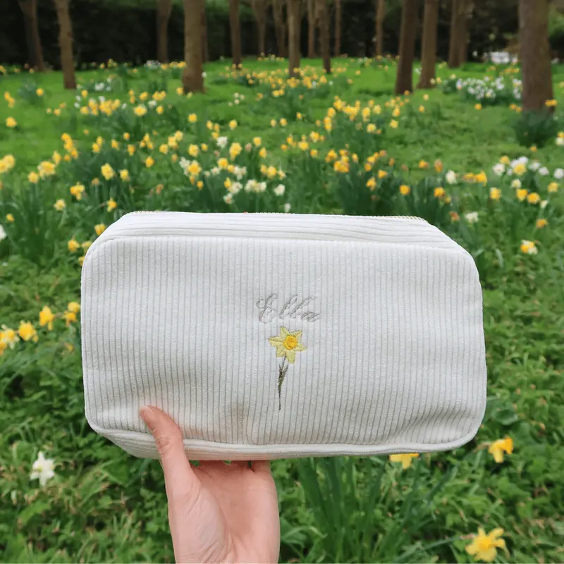 Custom Embroidered Make-Up Bag With Birth Flower Motif 1