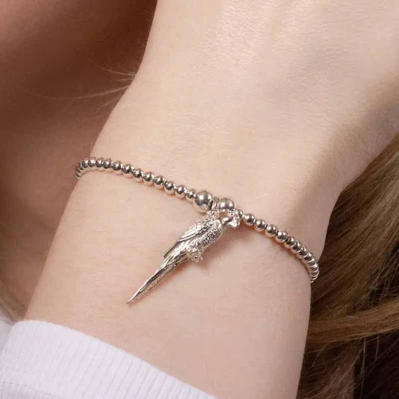 Custom Parrot Charm Bracelet – Handcrafted Silver Bead Style 1