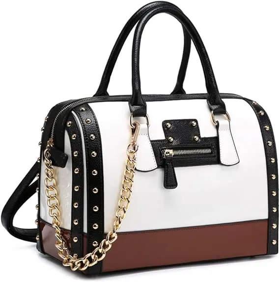 Dasein Shiny Patent Barrel Bag – Rivet-Embellished Faux Leather Satchel With Top Handle & Chain Accent 1