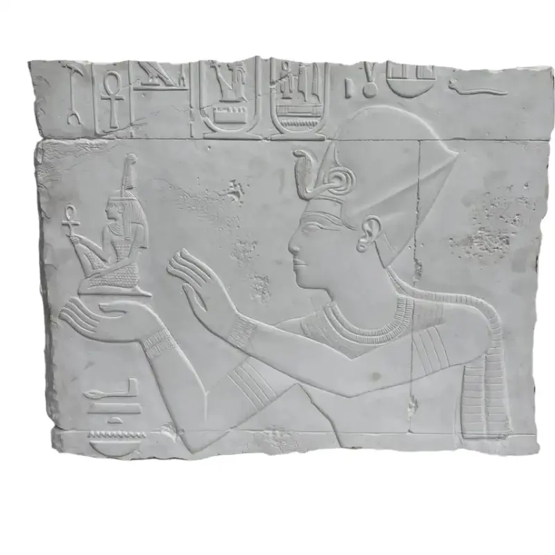 Egyptian Wall Relief Fragment – Pharaoh Offering Maat – White Sculptural Element (15"L) – As Is Attic Artifact 1