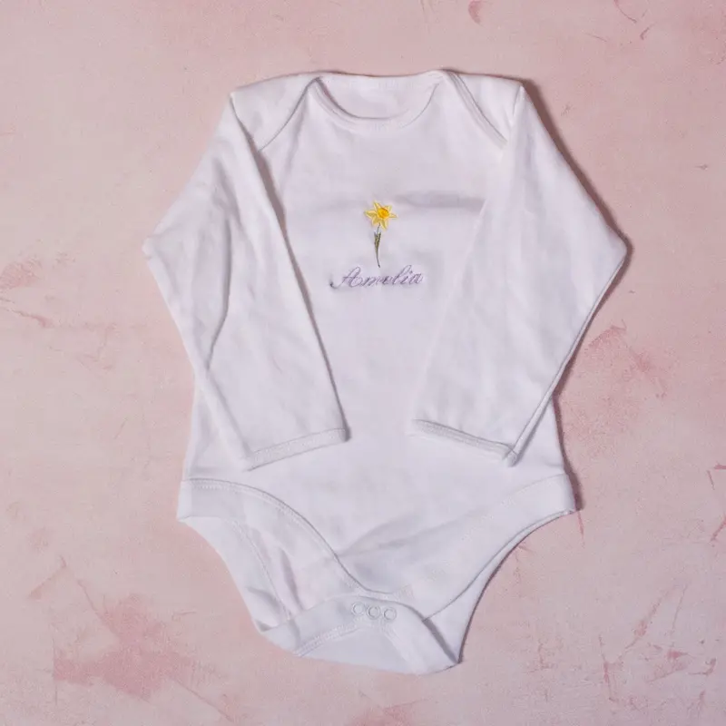 Embroidered Baby Grow Featuring Birth Flower Design – Fully Personalised 1