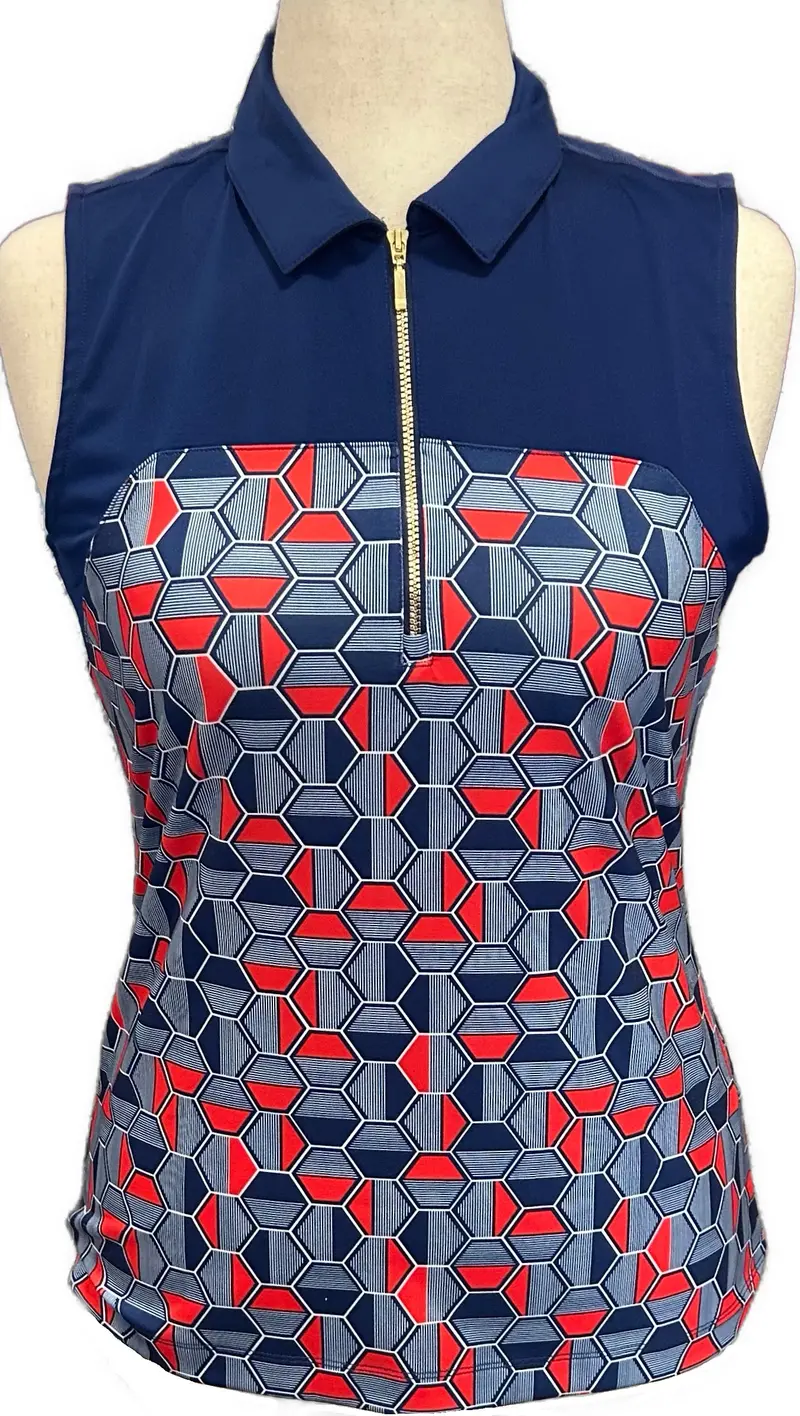 Ep Ny Tricolor Print Sleeveless Golf Polo In Inky Blue – Size M 1