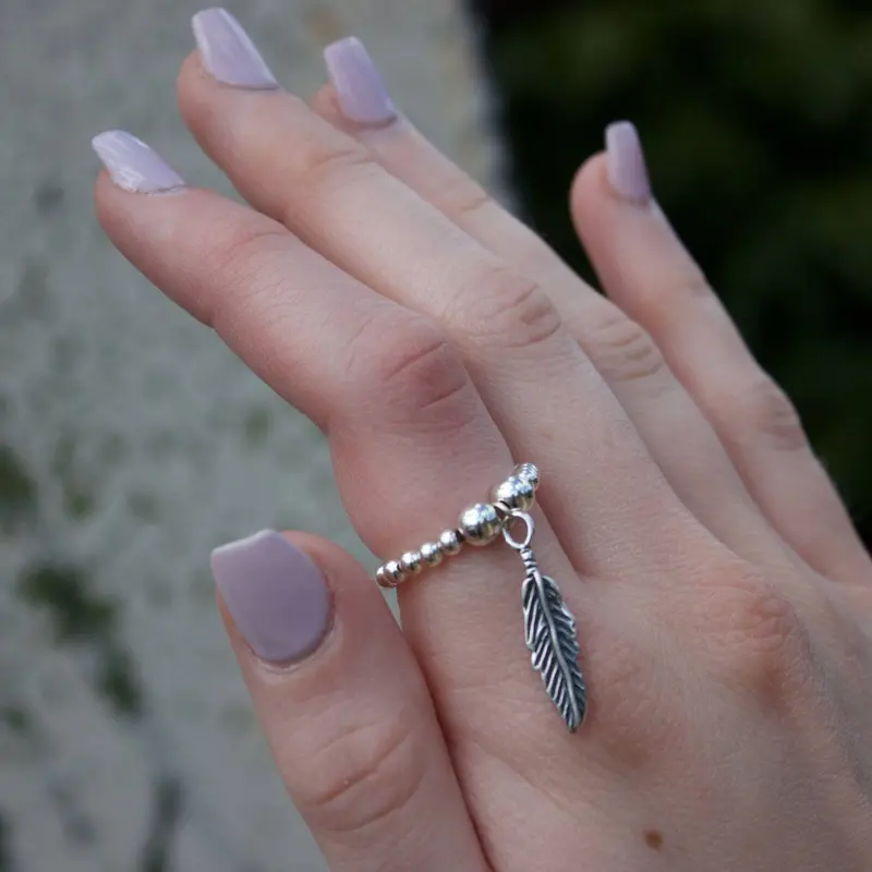 Feather Charm Silver Ball Bead Ring 1