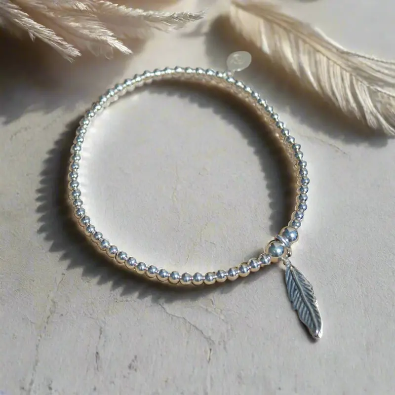Feather Charm Silver Bead Bracelet 1