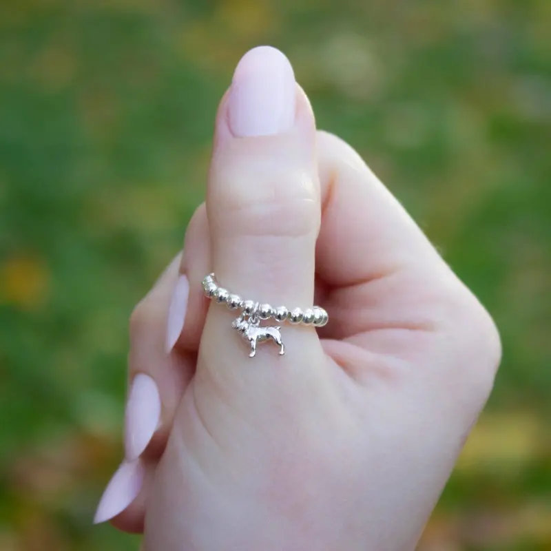 French Bulldog Charm Ring – Stylish Sterling Silver Beaded Band 1