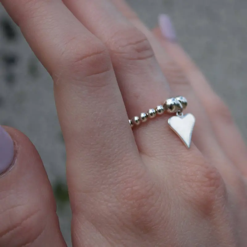 Funky Heart Charm Silver Ball Bead Ring 1