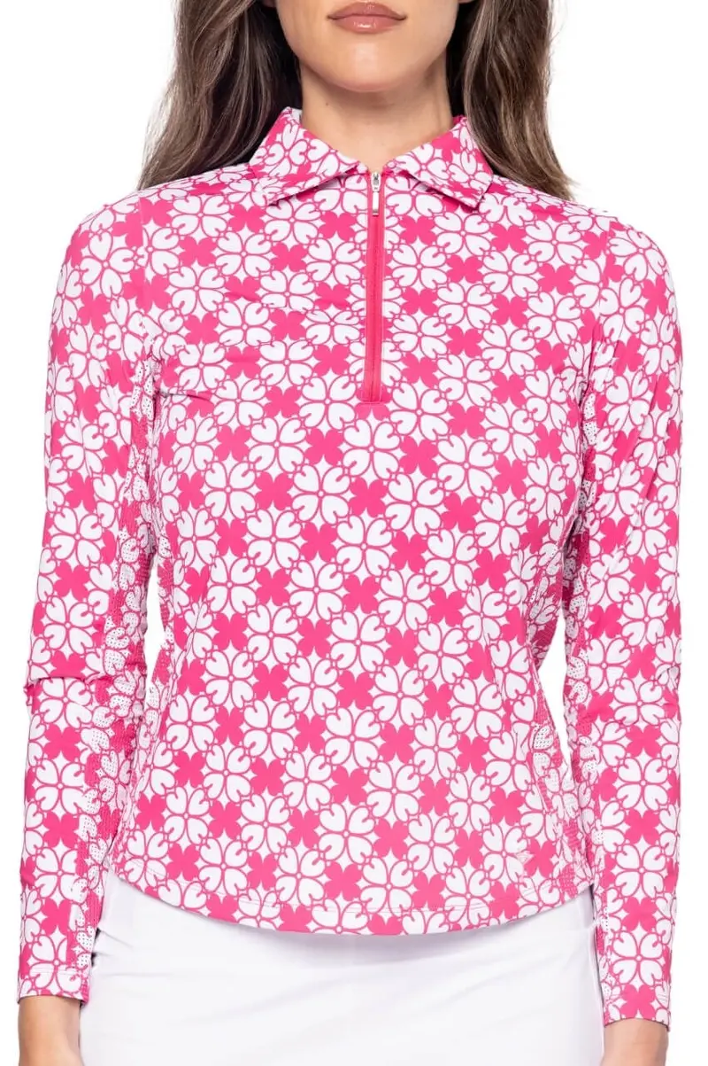 Golftini Pink Floral Cool Girl Polo – Long-Sleeve Performance Top (Size M) 1