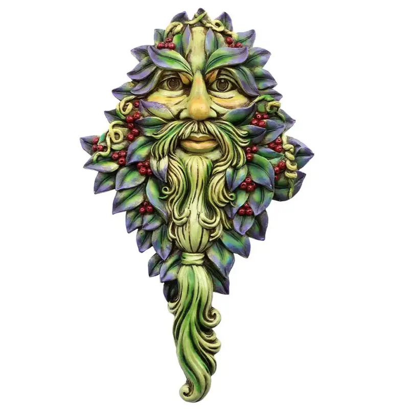 Green Man Wall Plaque – Bearded Folk Art Relief With Berries And Foliage 1