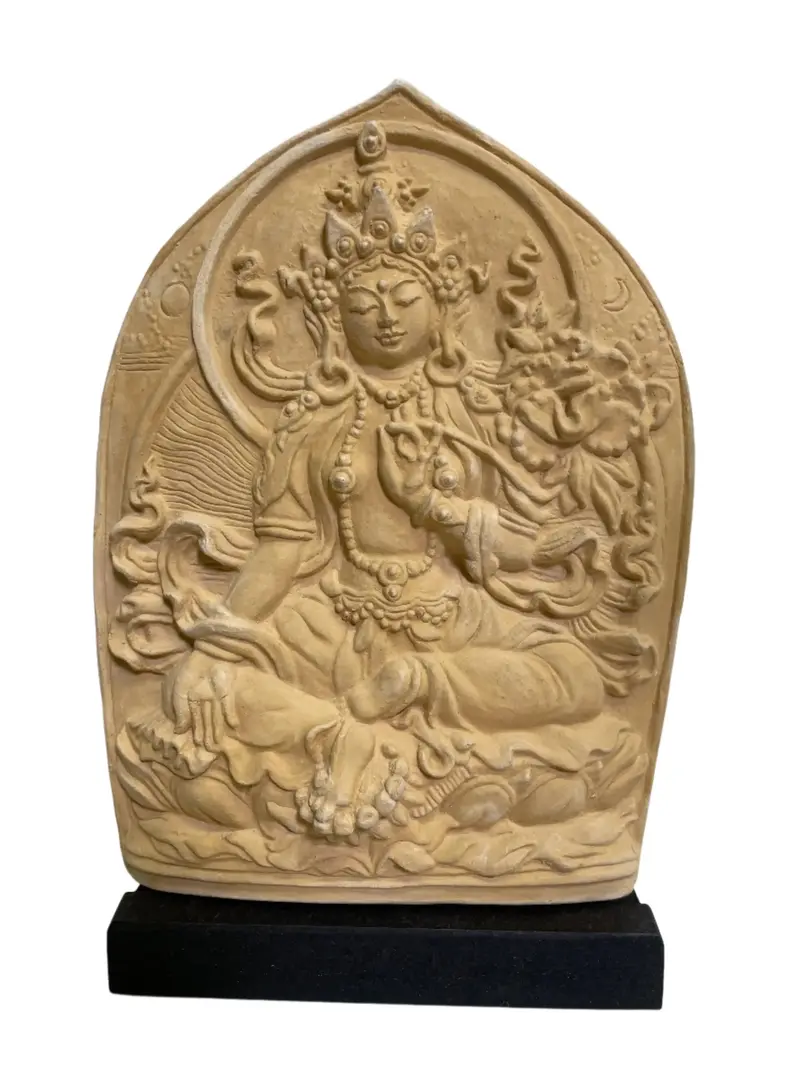 Green Tara Wall Plaque: Buddhist Deity On Lotus Base, 6.5" × 5" × 1.1" 1