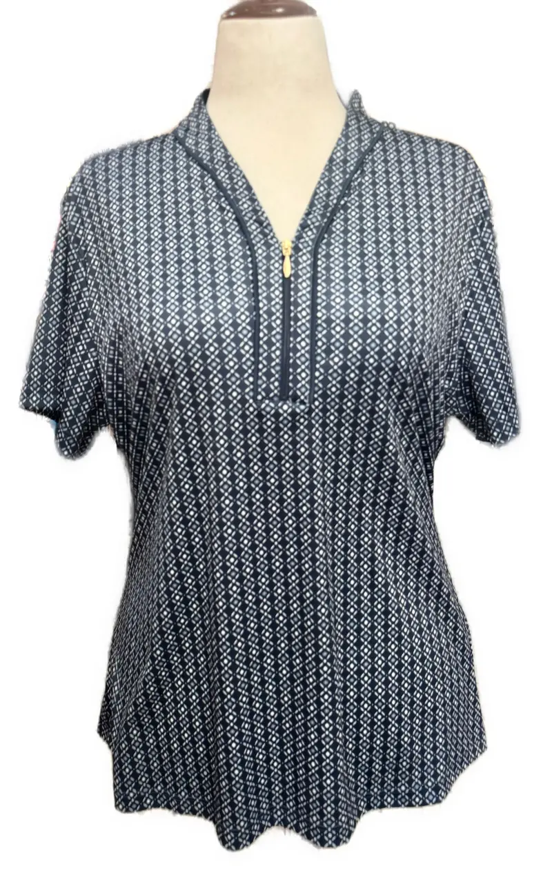 Greg Norman Geo-Print Zip-Front Golf Polo For Women – Msp $70 1