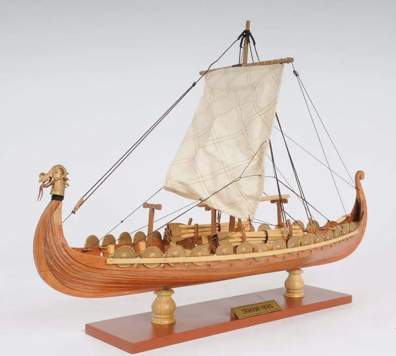 Handcrafted Viking Drakkar Model Ship – Tan & White Sails, 12.5" H × 15" L 1