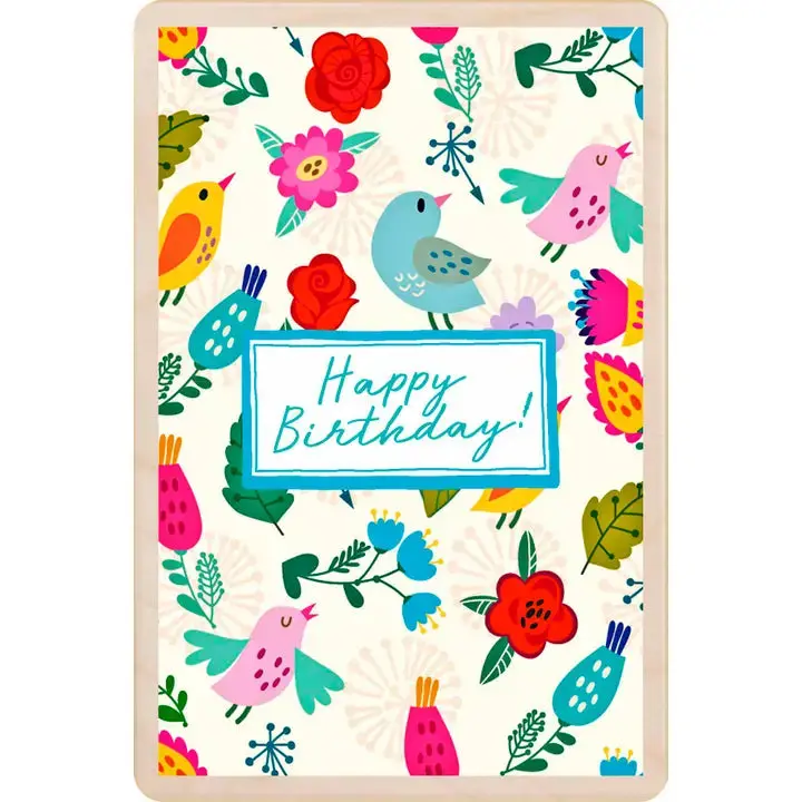 Happy Birthday Wooden Postcard – Birds And Blooms Illustration 1
