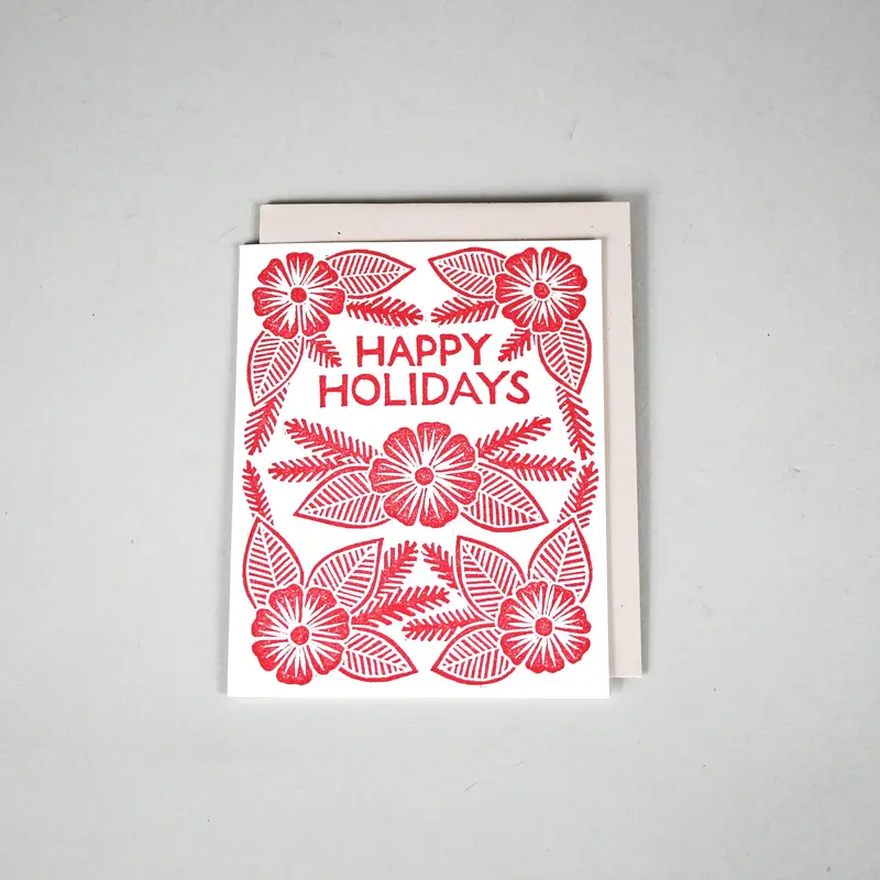 Happy Holidays Botanical Block Print Card 1