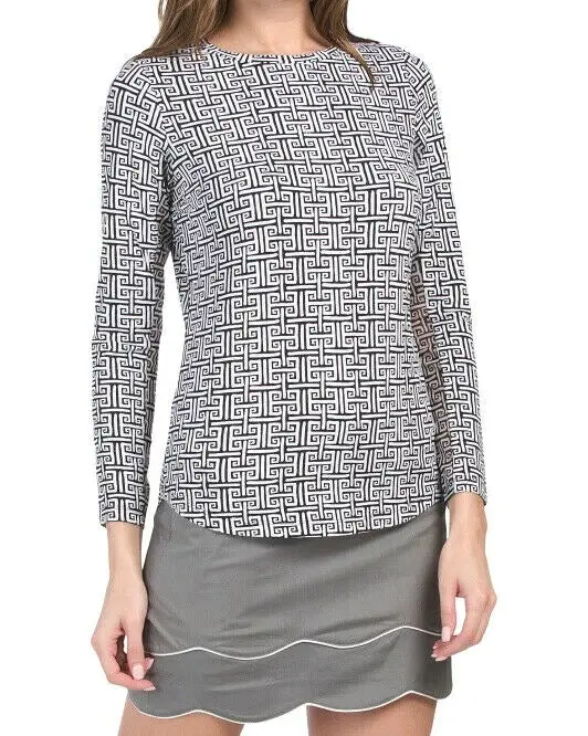 Ibkul Black Greek Key Long Sleeve Sun Shirt For Women - Size L 1