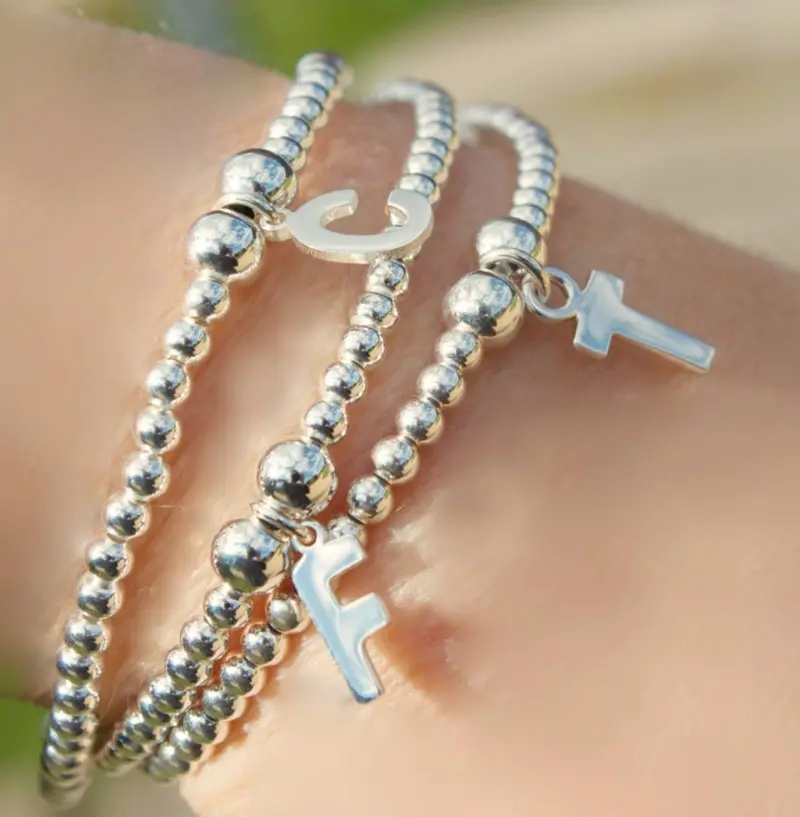 Initial Letter Sterling Silver Beaded Bracelet – Adjustable Fit 1