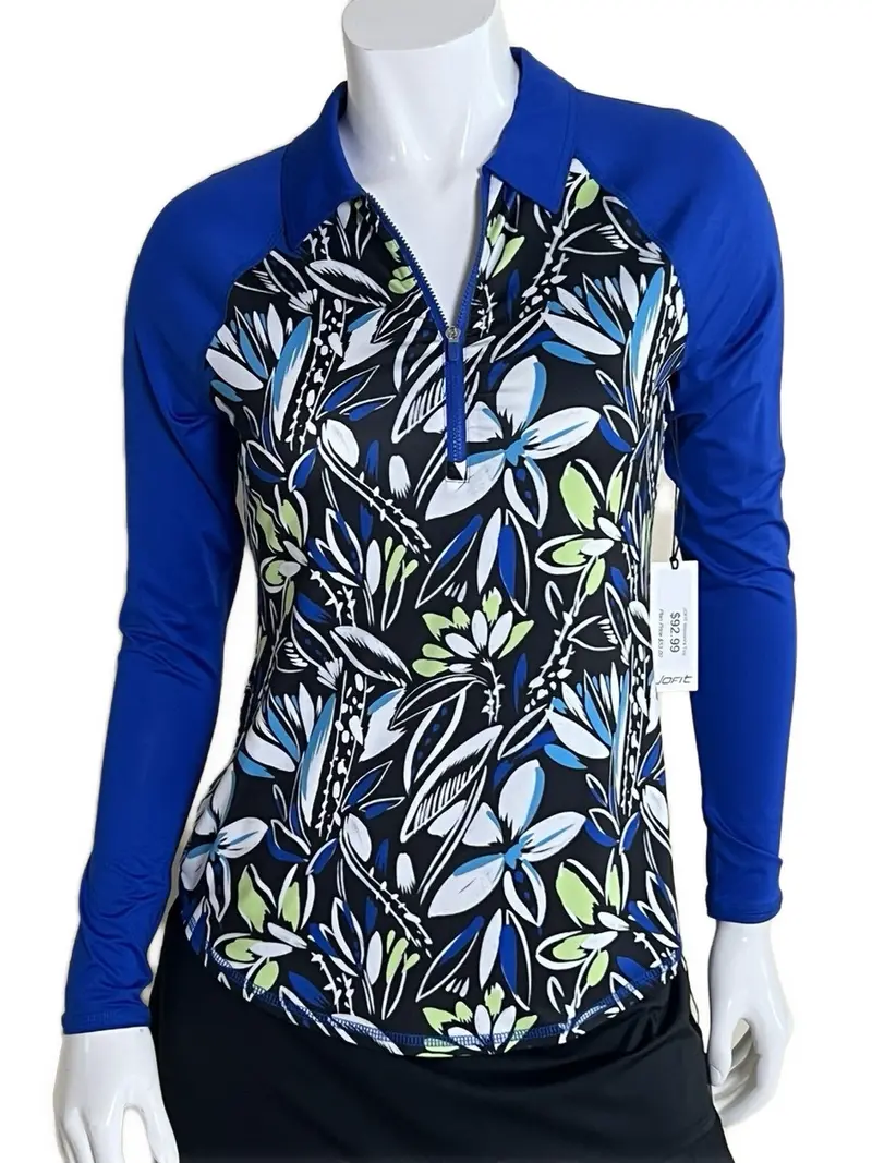Jofit Blue And Black Floral Quarter-Zip Long Sleeve Top – Stretch Fabric, Size L 1