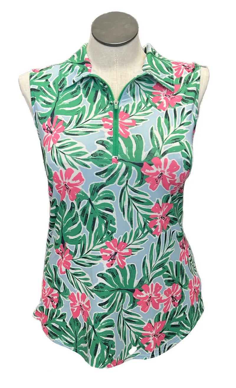Jofit Tropical Pattern Sleeveless Golf Top – Blue, Green, Pink, Size Xl 1