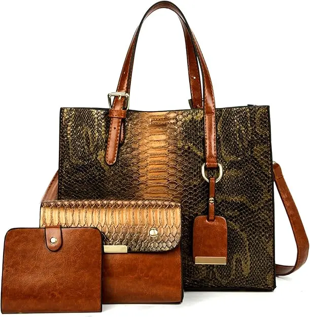 Kingto Croc-Print Satchel Ensemble – 3-Piece Vegan Leather Tote, Clutch & Wallet Set With Luxe Texture 1