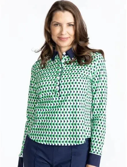 Kinona At The Pin Long-Sleeve Chevron Golf Top In Kelly Green – Size S 1
