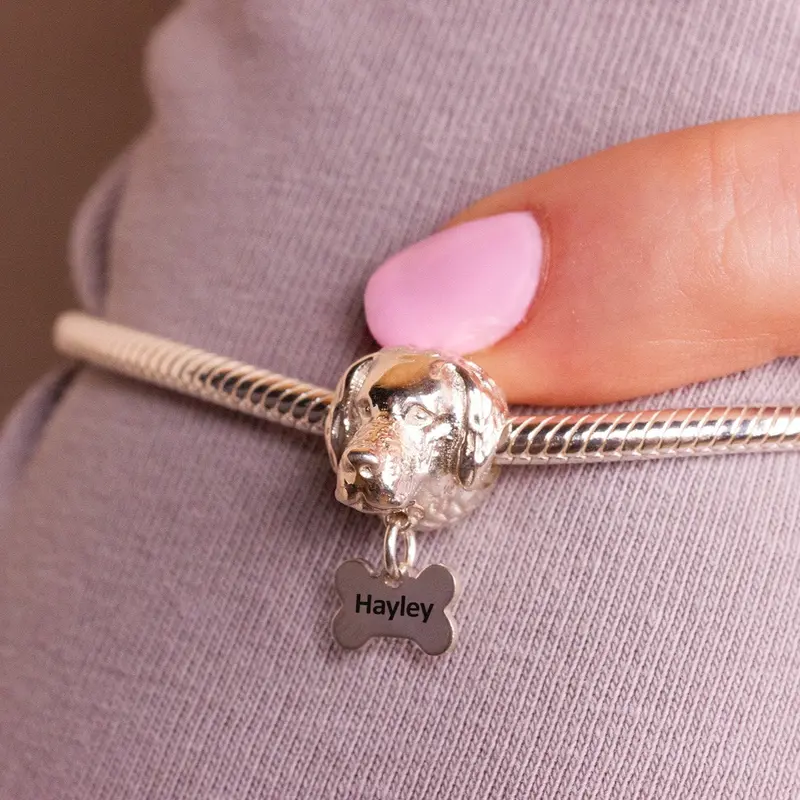 Labrador Head Charm Bead Necklace – Custom Engraved Silver 1