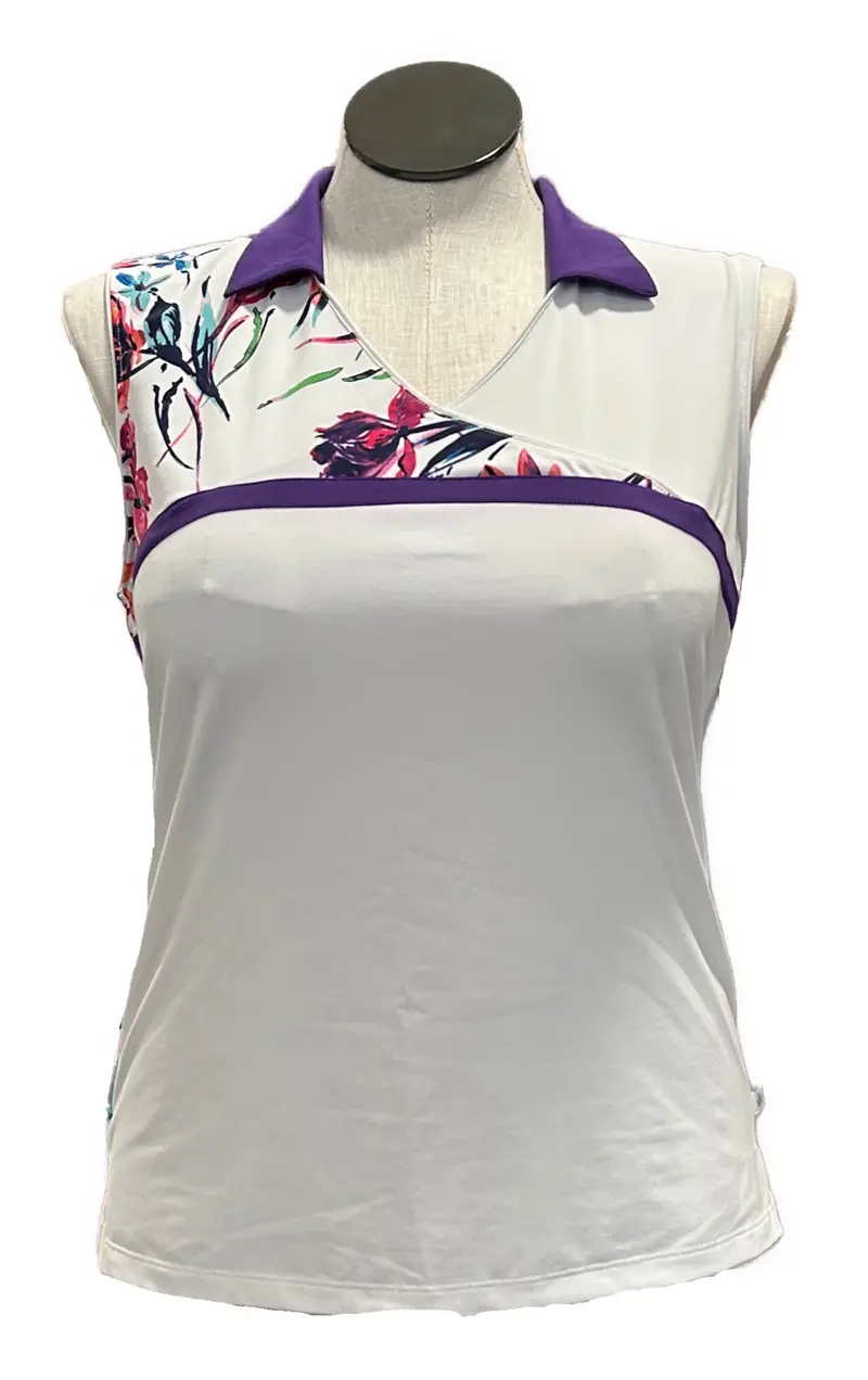 Lady Hagen Floral-Accent White And Purple Sleeveless Golf Polo – Size L 1