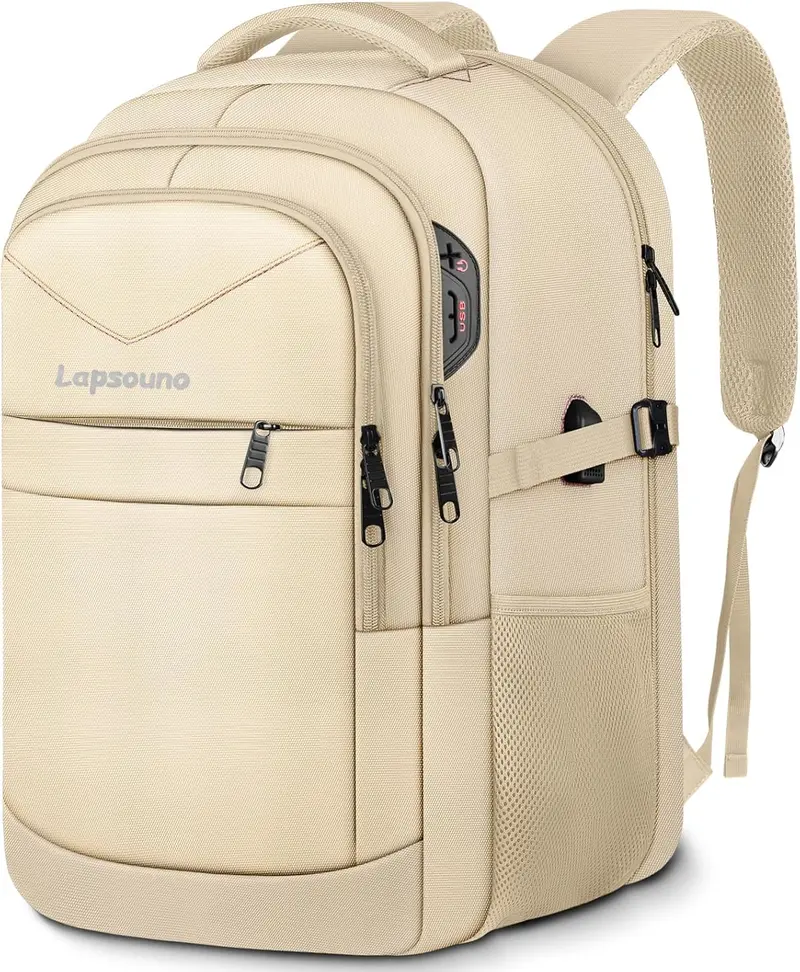 Lapsouno Tsa-Friendly 17" Laptop Backpack: Usb-Charging Carry-On With Durable Build (Light Yellow) 1