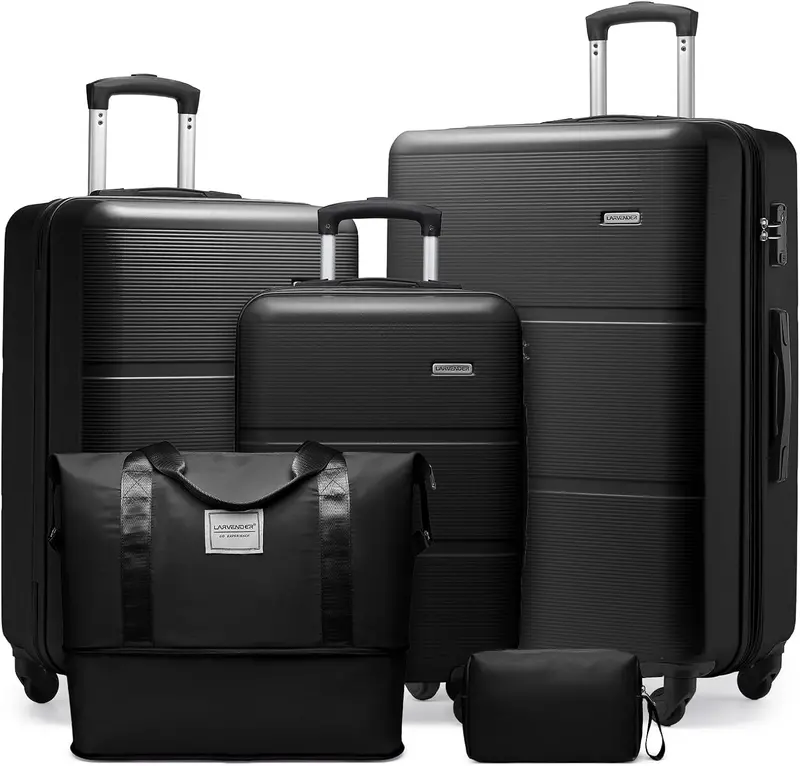 Larvender 5-Piece Abs Luggage Set – Expandable 28-Inch Suitcase + Duffel, 360° Spinner Wheels, Black Travel Collection 1