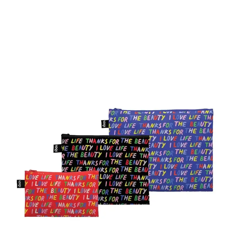 Loqi Love Life Recycled Zip Pouch Set – Eco-Friendly Organizer Trio 1