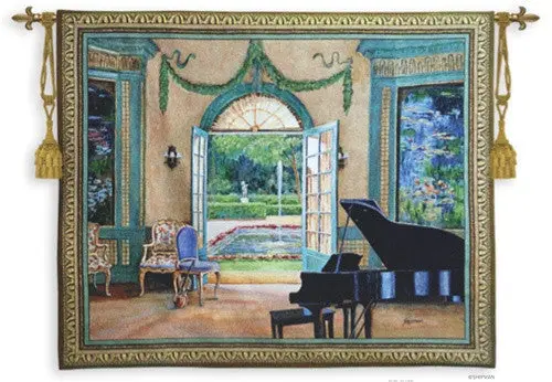 Monet'S Music Room With Grand Piano And Garden View Woven Tapestry 1