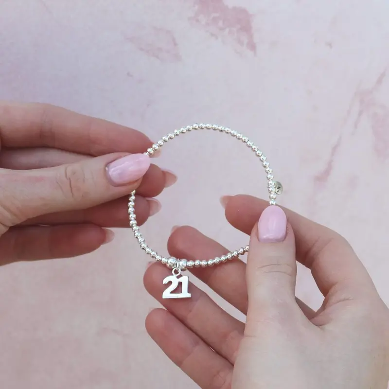 Number 21 Charm Bracelet – Silver Ball Bead Design 1