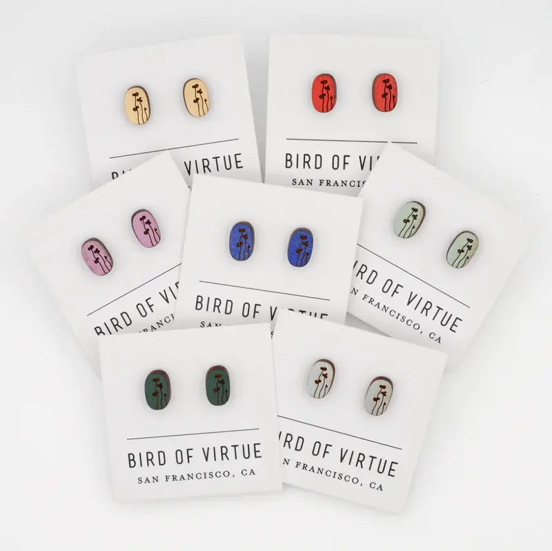 Oval Floral Pattern Stud Earrings – Handcrafted Wood 1