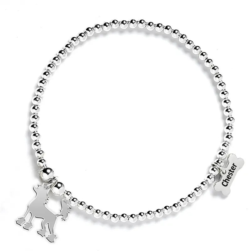 Personalised Chinese Crested Dog Silhouette Ball Bead Bracelet – Sterling Silver 1
