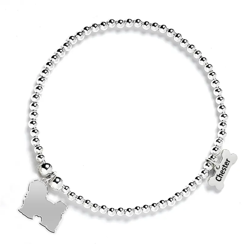 Personalised Coton De Tulear Dog Silhouette Ball Bead Bracelet – Sterling Silver 1