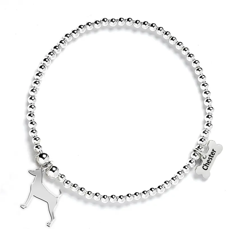 Personalised Miniature Pinscher Dog Silhouette Ball Bead Bracelet – Sterling Silver 1