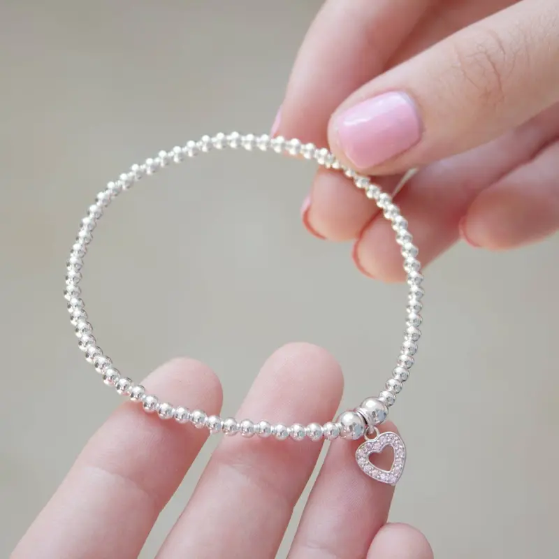 Pink Crystal Heart Charm Silver Bead Bracelet 1
